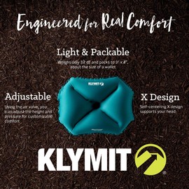 Klymit Pillow X Travel Pillow, Lightweight Inflatable Hybrid Airplane, Backpacking, Hammock, and Camping Pillow, Teal, Large
