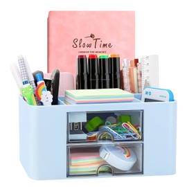 Wlevzzor Creative & Simple Desk Organiser, 7 Grids, Plastic Table Organiser with Drawer, Multifunctional Desk Organiser, Pen Holder for School, Office, Home (Blue)