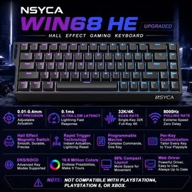 NSYCA WIN68 HE Hall Effect Keyboard, Rapid Trigger Magnetic Gaming Keyboard, 8000Hz Polling Rate, DKS & SOCD, 0.01mm Adjustable Actuation, RGB PBT Keycaps, 60% Wired Keyboard for FPS Gaming PC & Mac