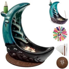 JUYUANDE Incense Burner, Incense Waterfall, Backflow Incense Burner, with 100 Backflow Incense Cones + 30 Incense Sticks + 1 Tweezers + 1 Mat, for Home Decoration (Blue)