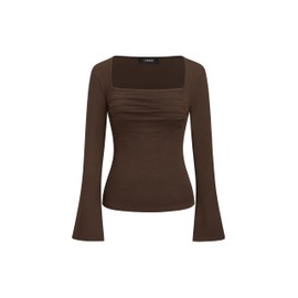 CIDER Square Neck Long Sleeve Top Ruched Front Flare Sleeve Brown