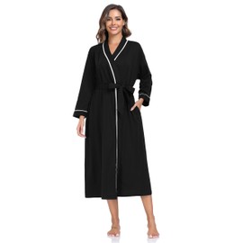 COLORFULLEAF 100% Cotton Bathrobe Women's Lightweight Long Sauna Dressing Gown Long Sleeve Kimono with Pockets Women Sleepwear, black