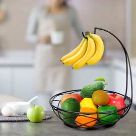 PT COVER Fruit Basket - 2 Tier Fruit Bowl with Banana Hanger for Kitchen Counter - Obsidian Black