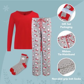 Rene Rofe 3 Piece Pajama Gift Set - Cotton Long Sleeve Top, Plush Fleece Pant and Cozy Sock Set - Winter Pajamas for Women