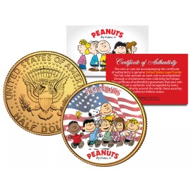 PEANUTS CHARLIE BROWN & SNOOPY 24KT GOLD US JFK KENNEDY HALF DOLLAR! COA & STAND
