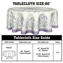 Kcozydecor Purple Lavender Floral Tablecloth Round 60 Inch,Spring Summer Flower Polyester Circle Table Cloth Wrinkle Stain Resistant Washable Table Cover for Kitchen Dining Room Party Picnic