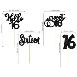 24 piezas de adornos de cumpleaños de dieciséis años con purpurina Hello 16 Sweet 16 Theme Magdalenas para cumpleaños, boda, compromiso, aniversario, fiesta, decoración de pasteles, suministros de color negro