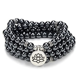 oasymala Chanting Mala Prayer Beads 108 Necklace Bracelet for Meditation with Tiny Lotus Flower Charm (Hematite)