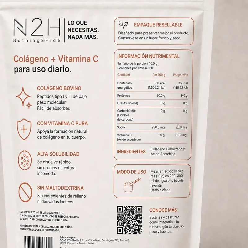 Colágeno Hidrolizado Vitamina C, 500g, Sin Sabor, N2h