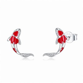 Rofeego S925 Sterling Silver Koi Fish Stud Earrings,hypoallergenic Red Carp Jewelry Gifts ﻿