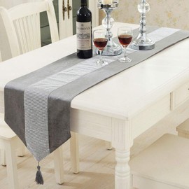 Time to Sparkle Luxury Velvet Diamante Table Runner Thick Velvet Chenille Satin Tasseled Christmas Xmas (Velvet-silver, Runner 31x183cm)