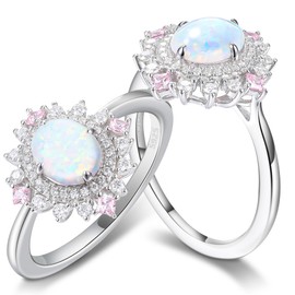 IRROYA October Birthstone Engagement Ring for Women Created Opal 925 Sterling Silver Accent with Pink Sapphire Vintage Cocktail Promise Ring for Her Size 8