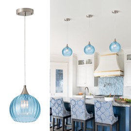 Brushed Nickel Pendant Lights Kitchen Island, Globe Pendant Light Fixtures with 8 Inch Clear Glass Shade, Modern Hanging Light Fixtures for Kitchen, Bedroom (1 Pack - Blue Glass Pendant Light)