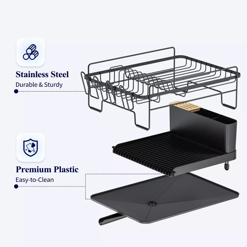 Kitsure Extendable Stainless Steel Dish Drying Rack with Drainboard Black