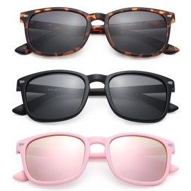 GLARDEFE Kids Sunglasses Polarized - Flexible Youth Glasses for Toddler Girls Boys Age 3-12(Matte Leopard/Grey + Matte Black/Grey + Matte Pink/Pink Mirror)