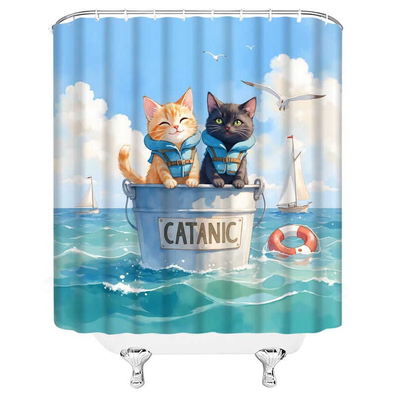 Funny Cats Shower Curtain,Catanic Animal Ocean Kittern Cute Blue Polyester