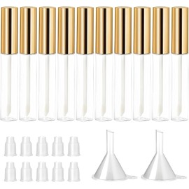 10 Piezas Tubos para Brillo de Labios, 10 ml/0.3 oz, Envases Transparentes con Tapas Doradas, Frascos Vacíos con Embudos para Máscara de Pestañas, Aceite Labial, Labial y Más