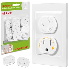 Outlet Covers (45 Pack) Self-Closing Outlet Plug Covers 3-Prong Swivel Electrical Outlet Protectors for Baby Upgraded Adhesive Installation Socket Covers Comes with Extra Sticker Durable ABS Plastic