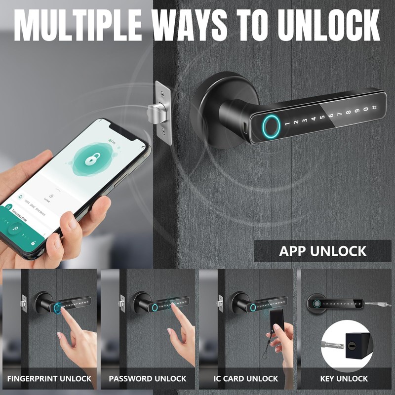 Smart Fingerprint Door Lock, Digital Keypad Handle with Biometric Entry,