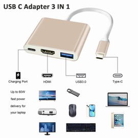 3 IN 1 USB C to HDMI Adapter 4K HDMI Converter for MacBook, LinKAVEniR USB C to USB 3.0 Hub, Multiport USB C Adapter with PD Charging Port for Laptop, Smartphone and More USB C Devices (Gold)