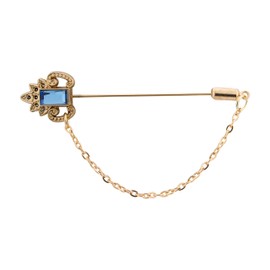 Knighthood Crowned Blue Stone with Hanging Chain Lapel Pin/Brooch Golden