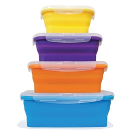 Flat Stacks Collapsible Storage Containers | Set of 4 Rectangle Silicone Food Storage Containers | BPA Free | BPS Free | Dishwasher, Freezer, and Microwave Safe | Save Space in your Container Drawer!