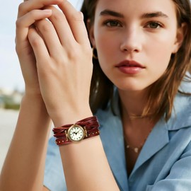 JewelryWe Women's Vintage Leather Watch - Round Analog Quartz Roman Numerals Dial Bracelet Watches Punk Gothic Casual Studded Double Wrap Wristwatch