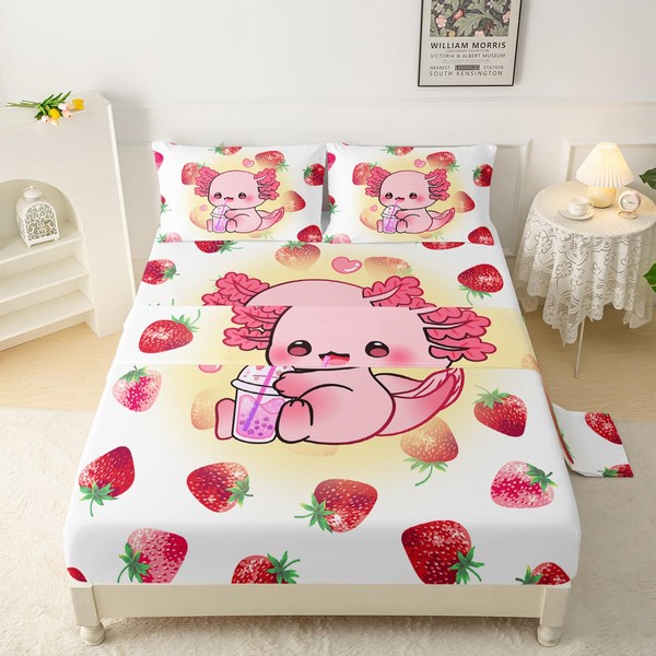 QOOMO Cute Axolotl Silky Soft Microfiber Bed Sheets Strawberry Super