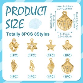 8 Pcs 18K Gold Plated Cubic Zirconia Charms for Permanent Jewelry Pendants Ocean Theme Conch Shell Starfish Crystal Charm for Summer Surfing Bracelet Necklace Jewelry Making