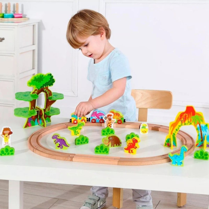 Tooky Toy Tren De Madera De Dinosaurios Set De 40