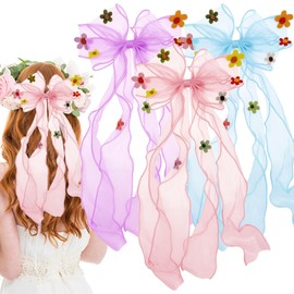 3 PCS Colorful Flower Ribbon Hair Bows,Princess Bowknot Hair Barrettes,Colorful Butterfly Long Ribbon Hair Accessories Alligator Clips for Girls Teens Princess Wedding Birthday Party(color 1)