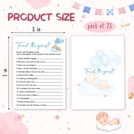 Wybgno Find The Guest Baby Shower Game, 25 Double-Sided Blue Bear Games for Boys, Interactive Baby Boy Party Supplies, Baby Boy Celebrations - B05