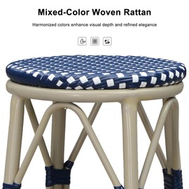 PURPLE LEAF Patio Round Counter Height Stool Set of 2 Outdoor Backless Barstools Aluminum Frame in Champagne Finish with NavyBlue & White Woven Rattan for Indoor Kitchen Dining Bistros Cafe Restaurant