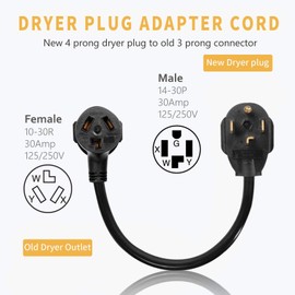 Dryer Adapter Cord, Dryer Adapter 3 Prong To 4 Prong NEMA 14-30P Male to 10-30R Female, 30A, 250V,dryer cord adapter 4 to 3 prong(20inch)