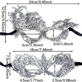 Honbay 2PCS Mysterious Fun Lace Masks for Masquerade Proms, Hallowmas Party, Photo Shoot (Silver)