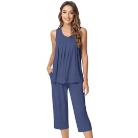 NACHILA Pajamas for Women-Viscose Made from Bamboo, Sleeveless Pjs Tank Top Capri Pants Pajama Sets Cooling Sleepwear, Blue Indigo, Large