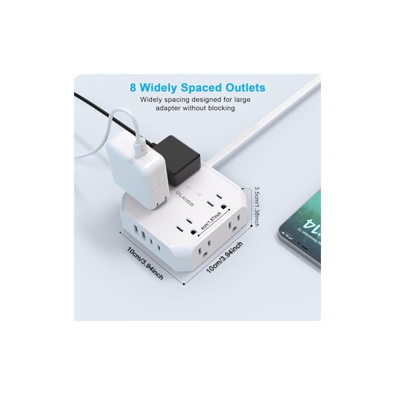 12 en 1 Regleta Multicontacto Extension USB, con 8 Salidas