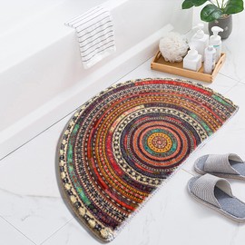 Half Round Door Mat,Semi Circle Bathroom Floor Rug,Mandala Boho Bohemian Non-Slip Welcome Entrance Way Absorbent Bath Mat,Microfiber Tufted Indoor Rug for Kitchen Living Room (Multicolor)