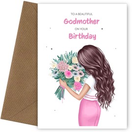 Godmother Birthday Card for Women - Beautiful Brunette with Flowers - Sentimental Happy Birthday Godmother Card for Adult on Milestone Birthdays - 20th, 30th, 40th, 50th - UK Made