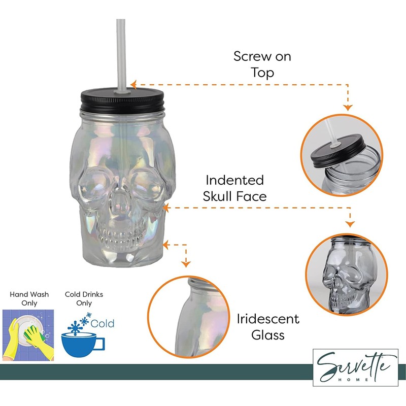 Servette Home 4 Pack Iridescent Skull Shaped Mason Jar with