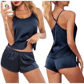 Ekouaer - Conjunto de pijama sexy para mujer, ropa de dormir de satén, ropa de dormir suave, 2 piezas, ropa de dormir, Azul marino, L