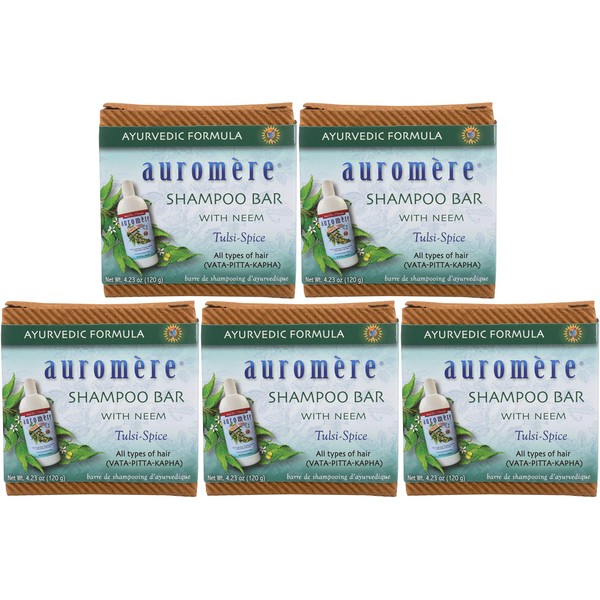 Auromere Ayurvedic Shampoo Bar - Eco Friendly, Handmade, Vegan, Cruelty Free, Natural, Non GMO, All in One Bar for Soap and Shampoo (4.23 oz), 5 pack
