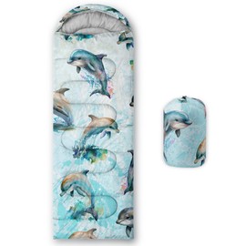 QOOMO Cute Dolphin Printed Camping Sleeping Bags,3 Season Warm & Cool Weather,Lightweight,Waterproof Sleeping Bags for Adults & Kids,Traveling,and Outdoors,Camping Gear Equipment,31x90inch