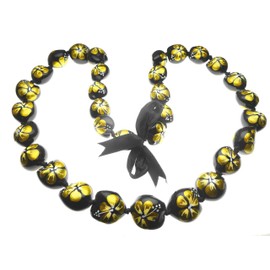 Aloha Passion Hawaiian Style Kukui Nut Lei, Hand Painted Gold Color Hibiscus 32 Inches
