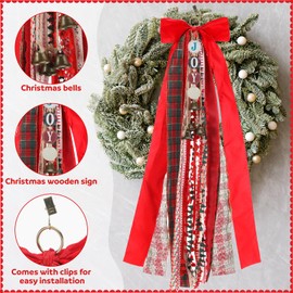 Suncalla 2 Pcs Fall Wreath Sashes for Front Door Hello Harvest Ribbon Bundle for Wreath with Bows, Bells & Wooden Signs Thanksgiving Assorted Ribbon for Holiday Autumn Decoration(Christmas)