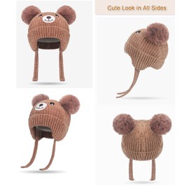 Cute Bear Kids Winter Hat with Ear Flaps 1-5 Years Dual Pom-Pom Chenille Knitted Warm Hat for Baby Girls Boys Fleece Lined Warm Earflap Cap with Strap Toddler Cold Weather Furry Warm Beanie Hat,Khaki