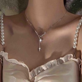 Wedding CZ North Star Pendant Necklace Silver Y Shaped Thin Necklace CZ Star Simple Necklace Choker Lariat Crystal Minimalist Necklace Link Chain Dainty Necklace Jewellery Women