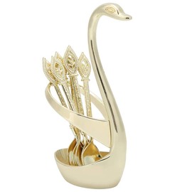 Household Fashion Elegant Stainless Steel Dessert Spoon Cutlery Set with Swan Shaped Style Holder(Gold)