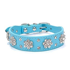 Haoyueer Cute Flower Rhinestone Dog Collar, Bling Collar PU Leather, Adjustable Sizes S (8-10.5 inch / 21-27cm), M (10-12.5 inch / 26-32cm), L (12-14.5 inch / 31-37cm), Blue