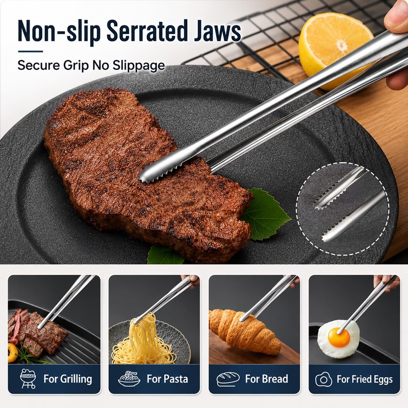 Foyohaven Stainless Steel Kitchen Tongs Set of 3, 6-11.5in Non-Slip